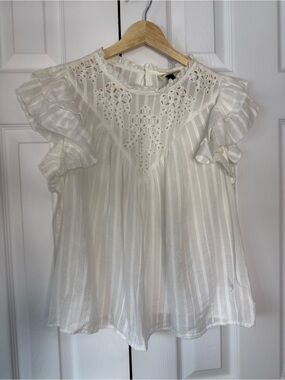 Women's White Lace Yoke Flutter Sleeve Top